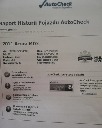 Acura MDX cena 68800 przebieg: 218000, rok produkcji 2011 z Gdynia małe 379